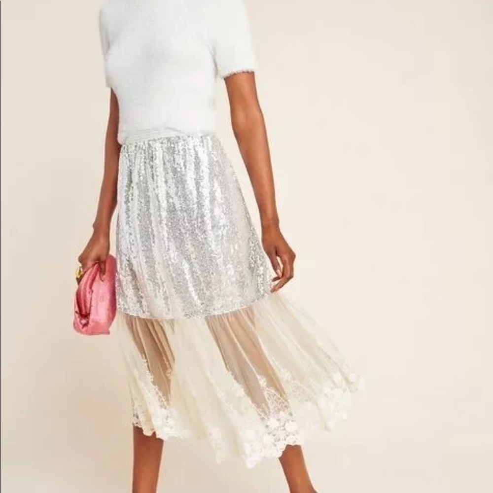 Anthropologie Maribeth Skirt NET Size 8 silver